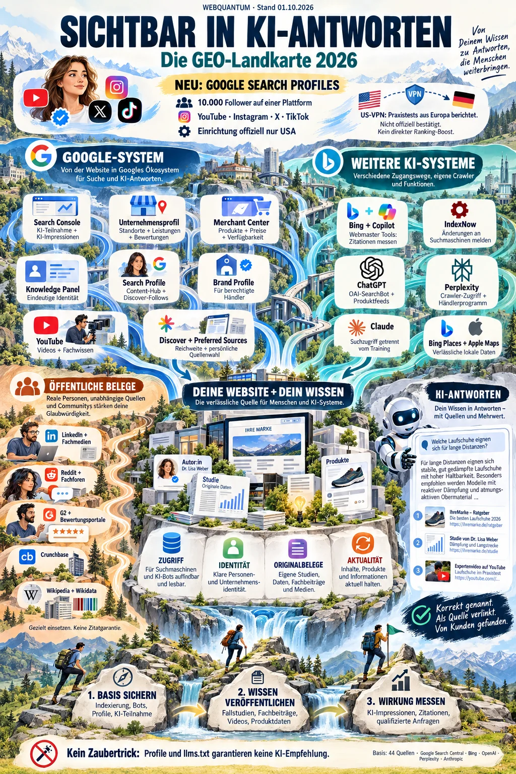 GEO-Landkarte 2026: Google, weitere KI-Systeme und öffentliche Belege führen zu Deiner Website als Wissensquelle.