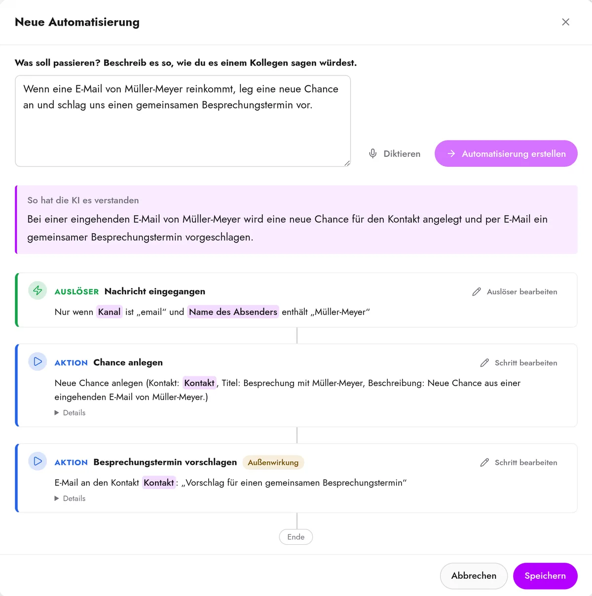 Bildschirmfoto aus dem System: Aus dem Satz über Müller-Meyer entsteht ein Ablauf mit Auslöser, neuer Chance und Terminvorschlag