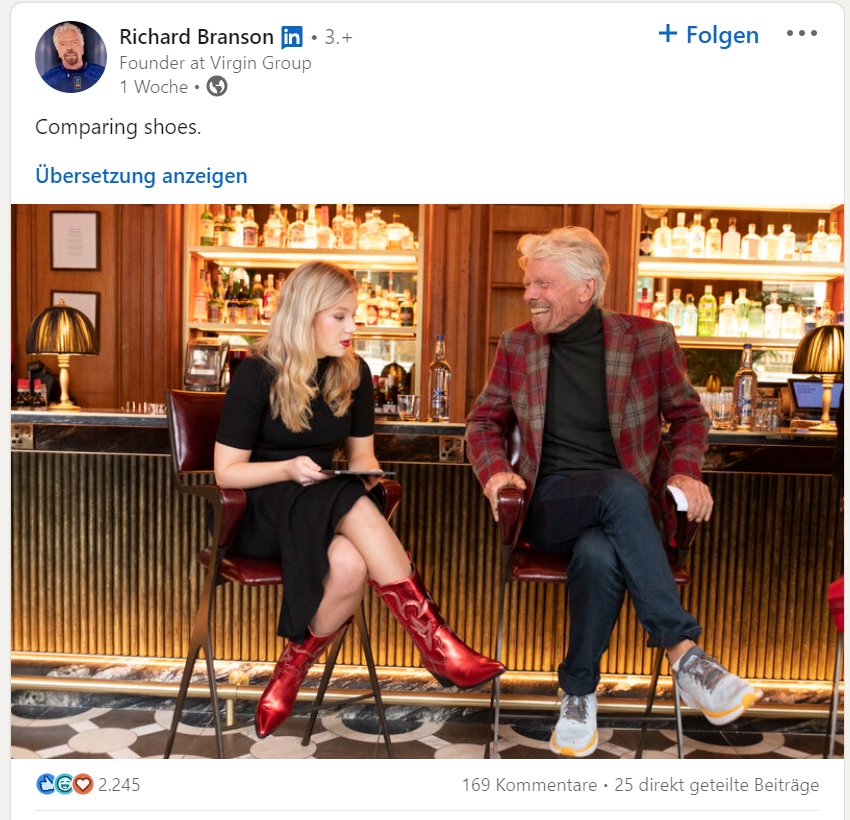 Humor kann ein wirksames Mittel sein, um Aufmerksamkeit zu erregen und Menschen zur Interaktion zu bewegen. Richard Branson, bekannt für seine starke Aktivität auf Social Media, zeigt, wie es geht.