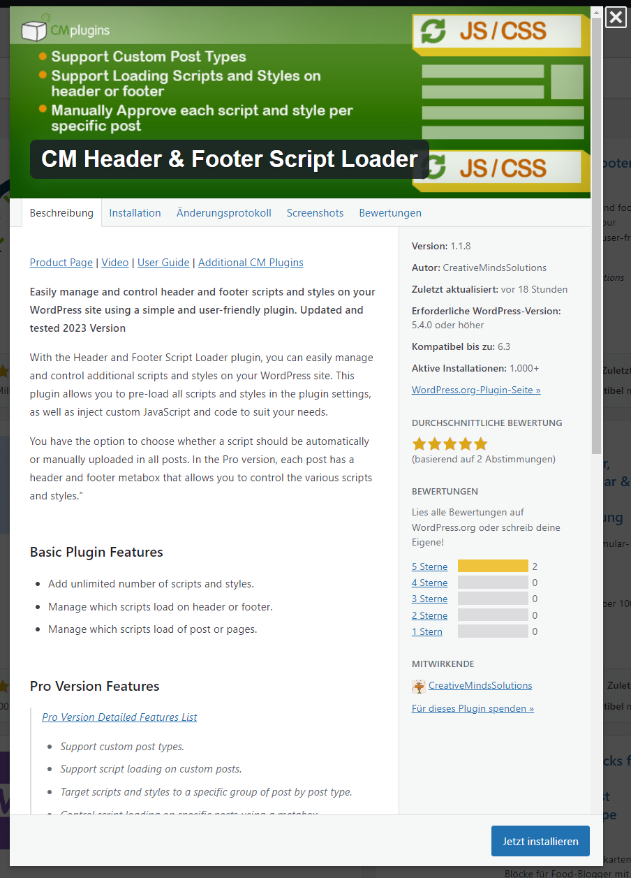 Beispiel für ein WordPress-Plugin (hier: CM Header & Footer Script Loader), mit dem man den Tag Manager-Code auf seiner Webseite einfügen kann.