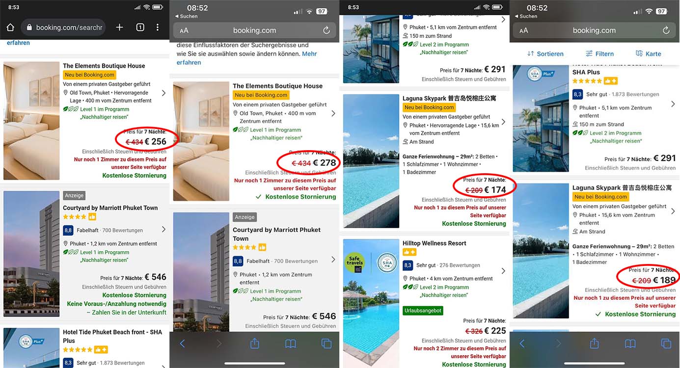 Auf einem iPhone werden für manche Hotelzimmer höhere Preise angezeigt als auf einem Android-Handy. Anmerkung: Dies ist bei weitem nicht nur bei booking.com der Fall).
