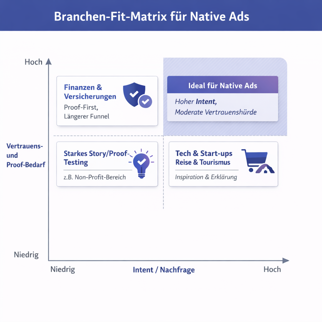 Matrix-Grafik, die Branchen nach Intent und notwendigem Vertrauen einordnet, um die Eignung von Native Ads zu bewerten.