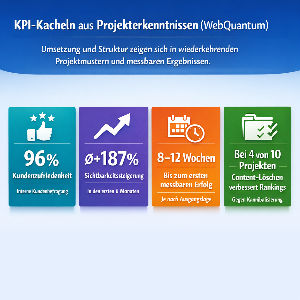 Vier KPI-Kacheln mit Kundenzufriedenheit, Sichtbarkeitssteigerung, Zeit bis zum Erfolg und Anteil der Projekte mit erfolgreicher Content-Konsolidierung.