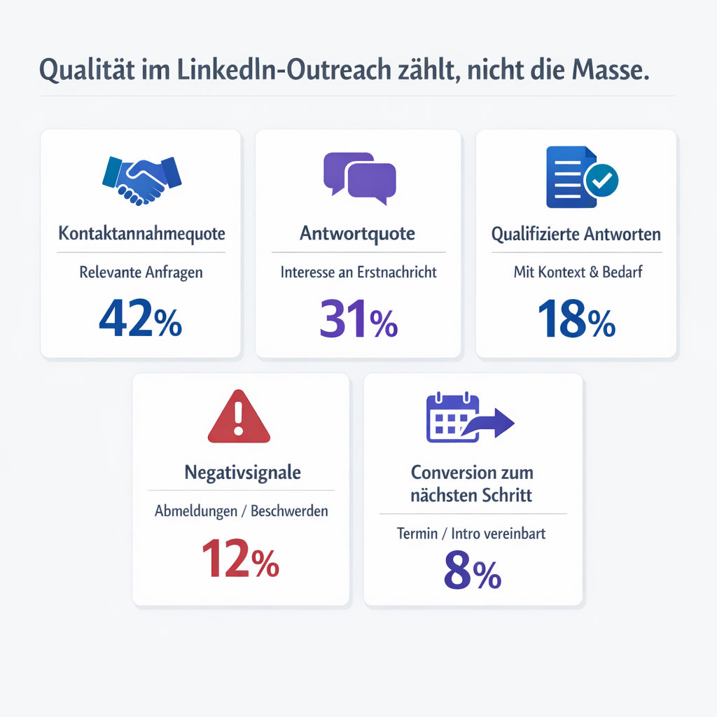 KPI-Uebersicht fuer LinkedIn-Outreach: Annahmequote, Antwortquote, qualifizierte Antworten, Negativsignale und Conversion in den naechsten Schritt.