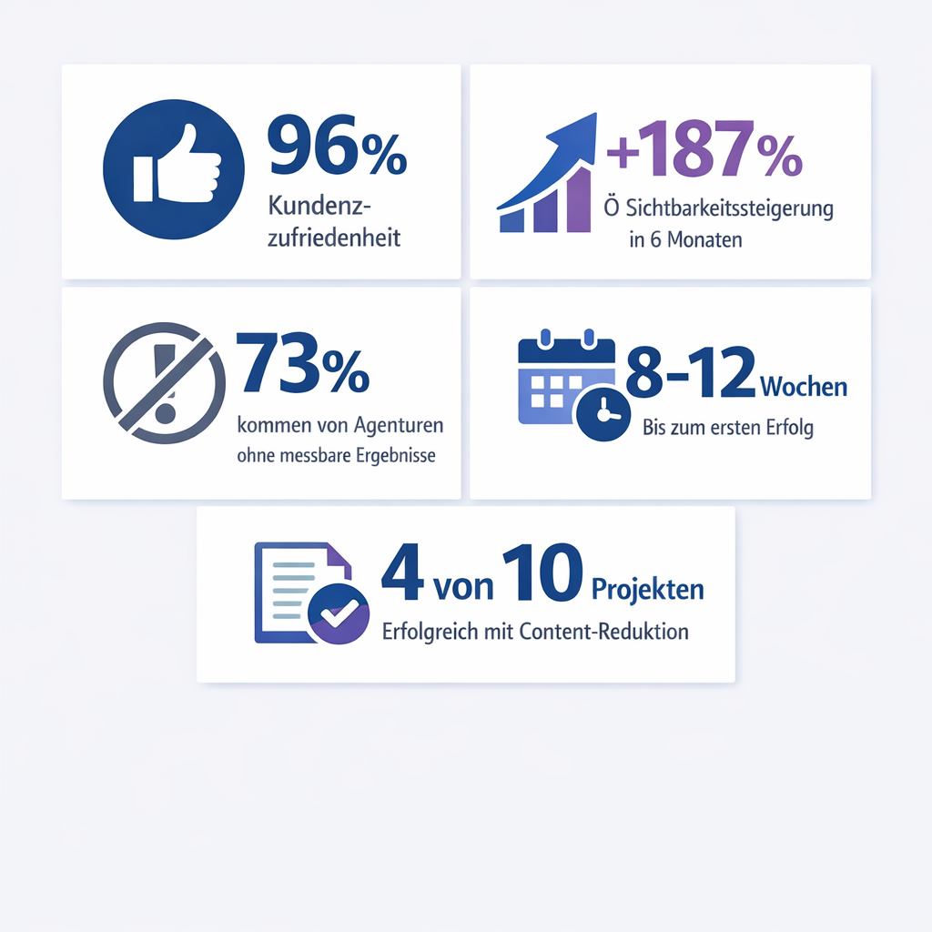 KPI-Kacheln mit Projektkennzahlen von WebQuantum zu Kundenzufriedenheit, Erfolgszeit und typischen Ausgangslagen.