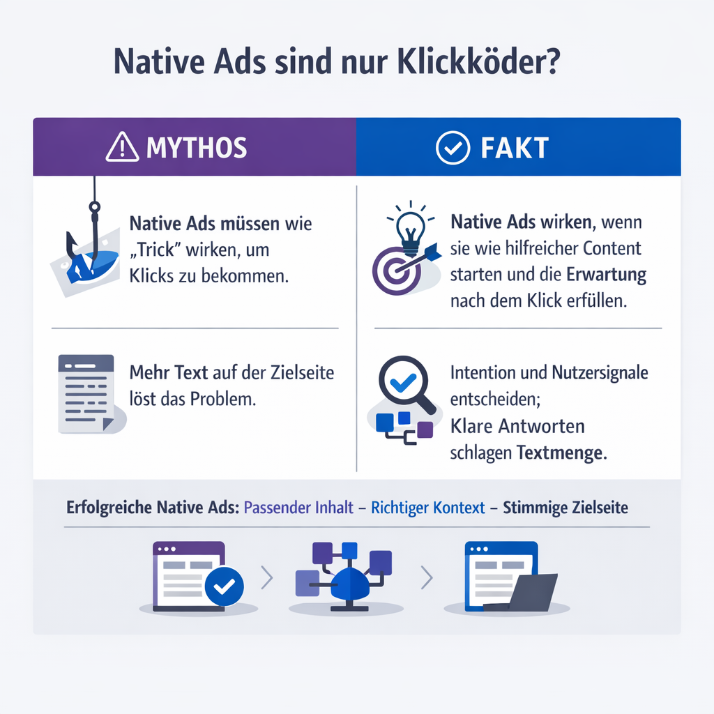 Mythos-vs-Fakt Uebersicht zu Native Ads: kein Trick, sondern Konsistenz und Intent-Fit; Textmenge ist nicht gleich Wirkung.