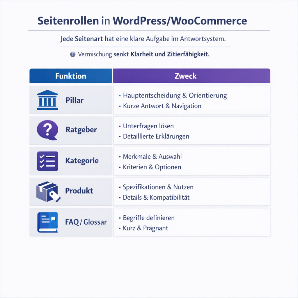 Matrix, die Pillar, Cluster, Kategorie, Produkt sowie FAQ/Glossar den jeweiligen GEO-Zwecken und Outputs zuordnet.